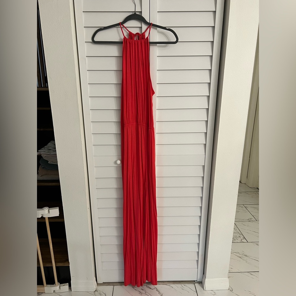 Forever 21 Red/pink Women's Maxi Dress - High Neck Sleek Gathered Waist